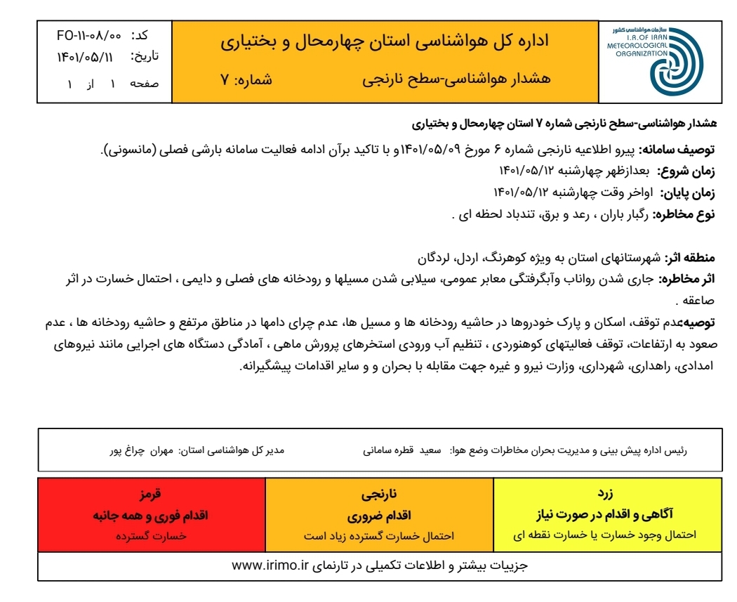 هشدار نارنجی هواشناسی چهارمحال و بختیاری برای روز چهارشنبه